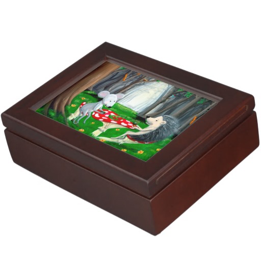 A memory box with dimensions 6.5 x 8.5 x 2.75 inches. Made with mahogany -colored wood. Interior lined with a black velvet-like fabric. Printed in full color on both sides of the lid.