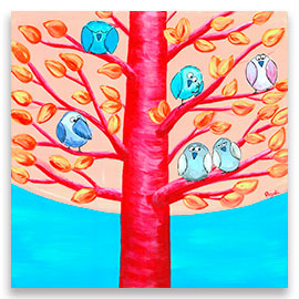 A troop of funny birds resting among branches of a whimsical tree – original painting.