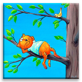 Funny red cat on a branch of a tree – children´s art.