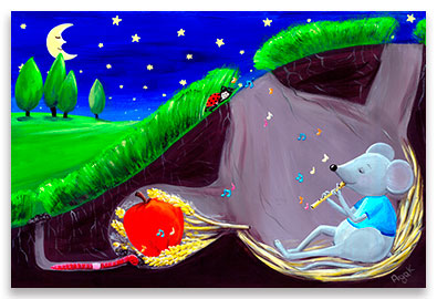 A little mouse musician lulls all the tiny creatures with his soothing melody – dreamy children´s art.