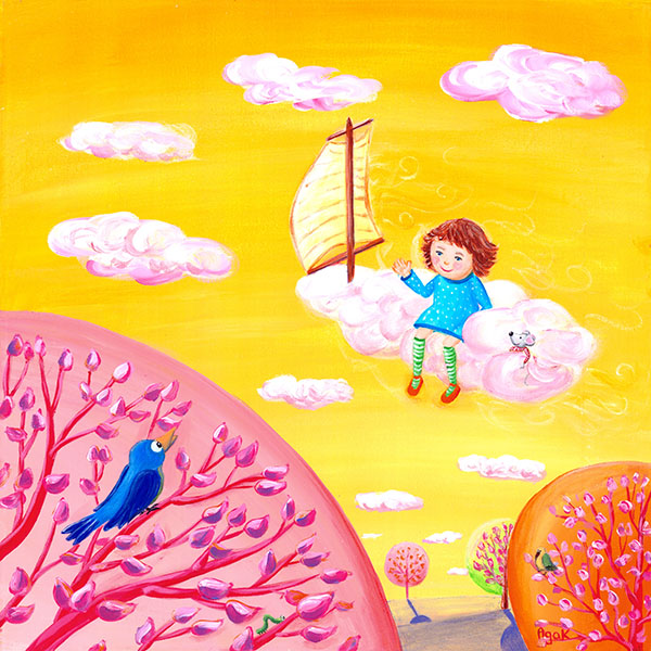 A little girl traveling on a pink cloud, above branches of whimsical trees.
