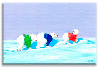 Three little polar bears in colorful sweaters, traversing endless snow areas in search of their lost mom.