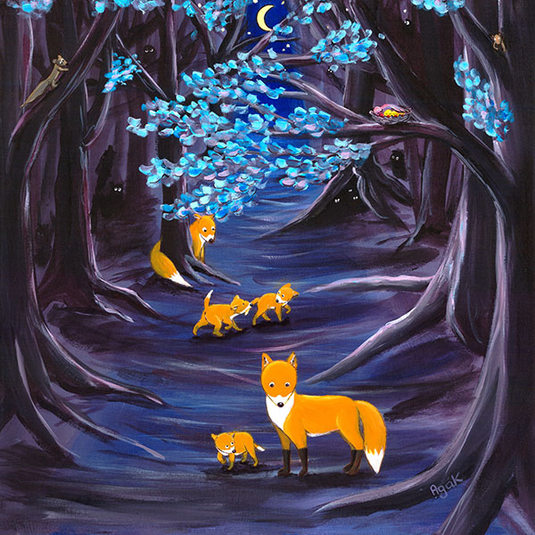 Fox family on a night walk in a mysterious forest. Original blue and purple wall art.