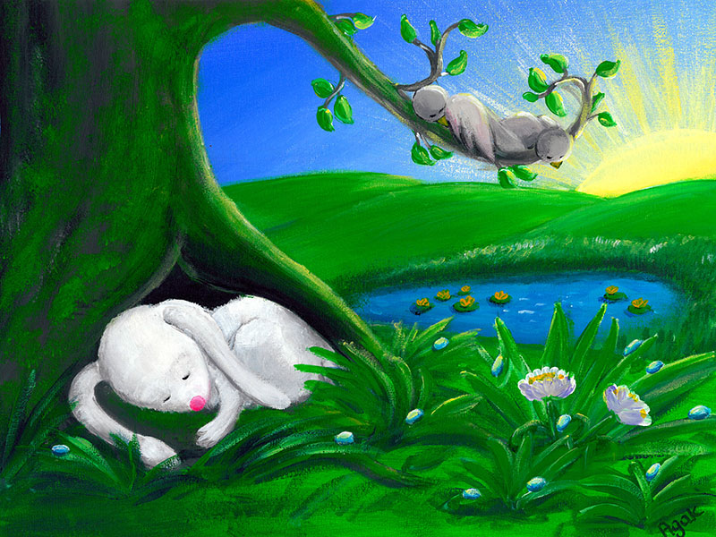 White rabbit sleeping in a shade of a tree. Children´s art.