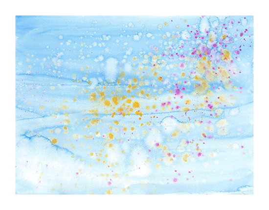 Abstract watercolor painting with a sky blue background sprinkled with pink and orange spots.