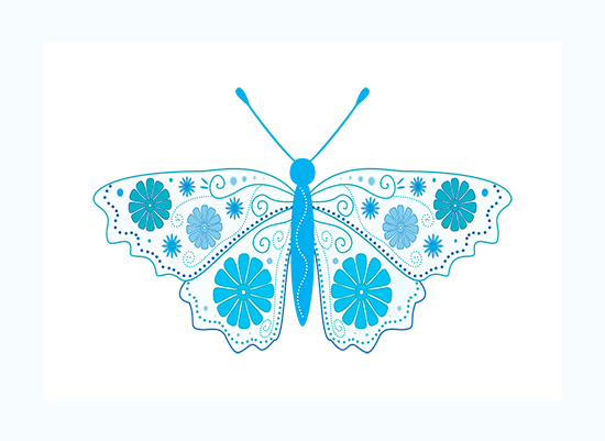 Digital art in white and blue: a butterfly with a delicate flower motif on wings.