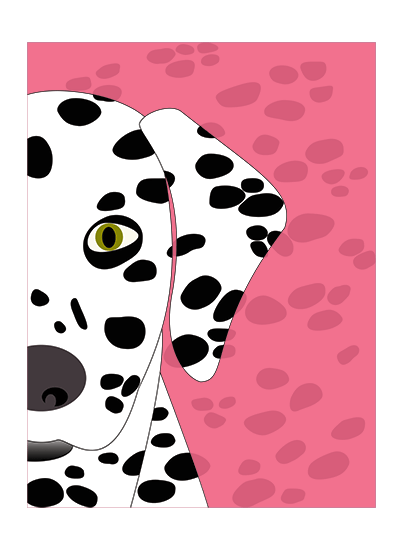 Dalmatian. Digital art in white, black and pink.