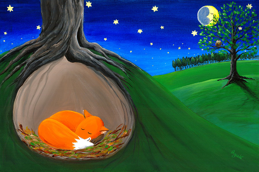 Little fox sleeping quietly in his safe hole. Children´s art.