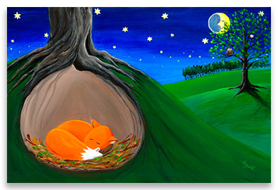 Little fox sleeping quietly in his safe hole - children´s art.