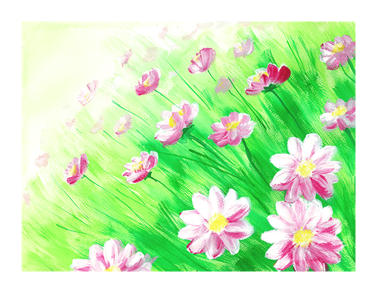 A meadow of pink flowers and a green grass, painted with fresh, vivid acrylic colors.