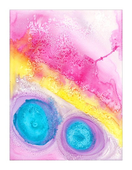 Abstract watercolor painting in pink, blue, yellow and purple.