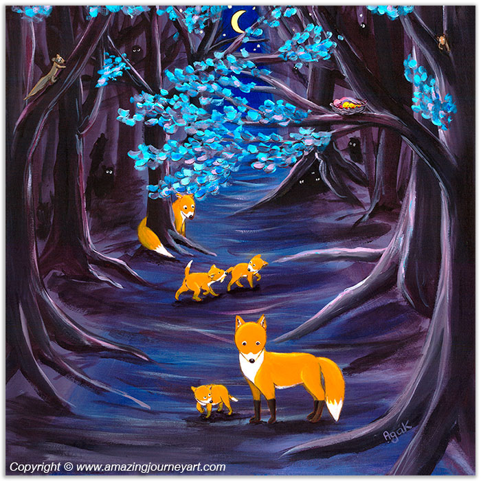 Fox family on a night walk in a mysterious forest – wall art poster.
