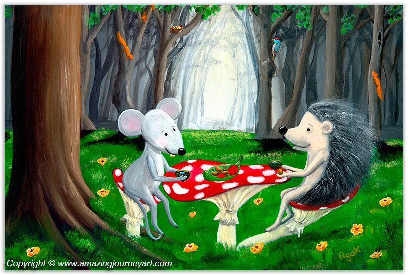 Forest animals, a mouse and a hedgehog, by a cup of morning dew - children´s art.