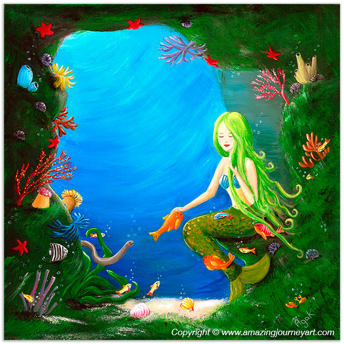 A beautiful mermaid resting in an underwater cave, surrounded by a crowd of little sea creatures.
