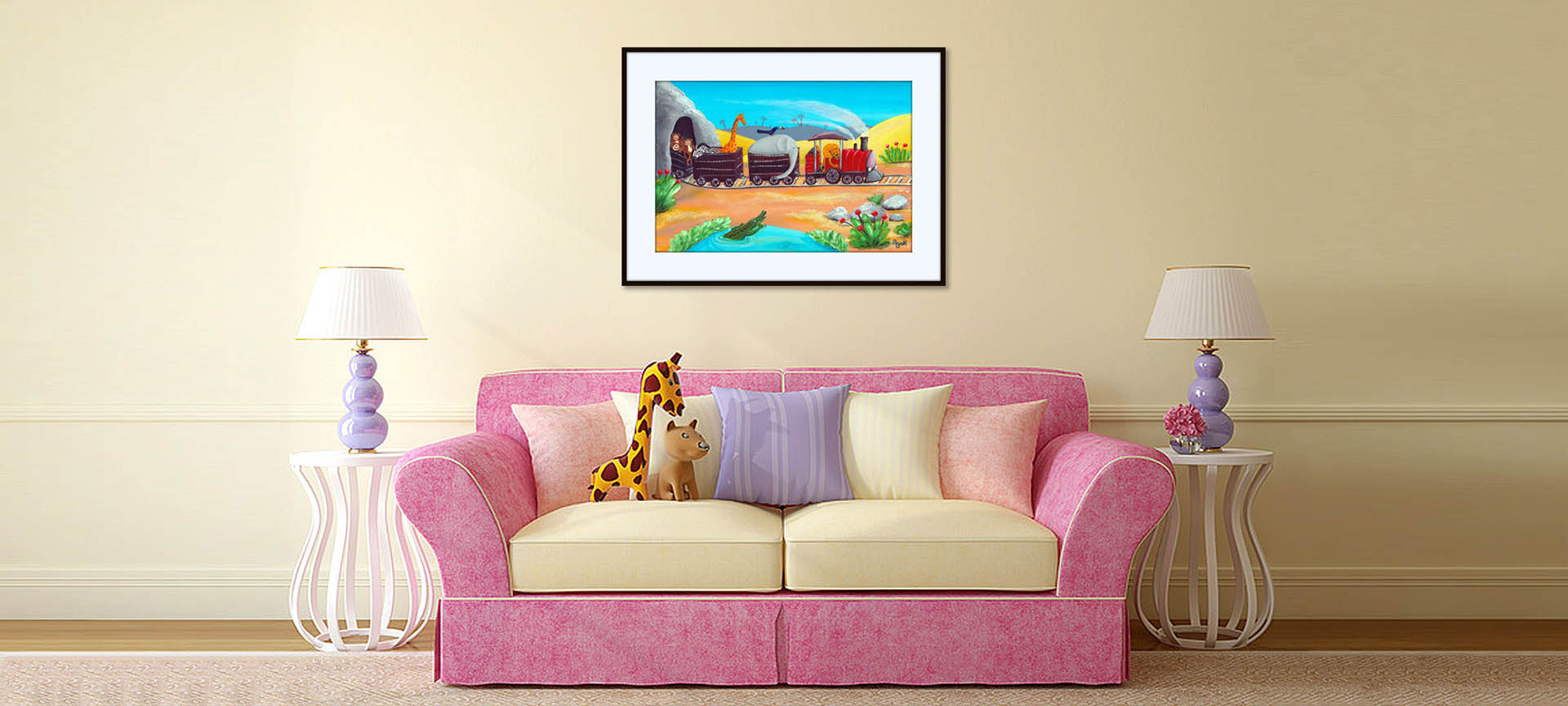Jungle animals picture above a red sofa.