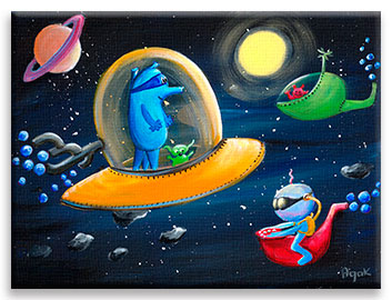 Bizarre but friendly aliens in their space ships somewhere out there in the space – children´s art.