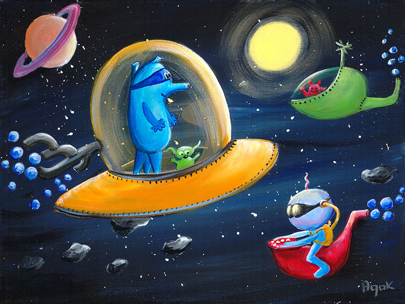 Bizarre but friendly aliens in their space ships somewhere out there in the space. Art for children.