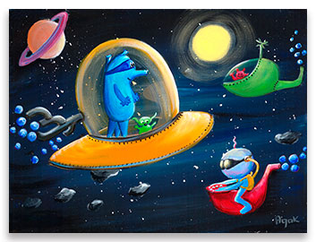 Bizarre but friendly aliens in their space ships somewhere out there in the space – children´s art.
