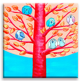 troop of funny birds resting among branches of a whimsical tree – original painting.