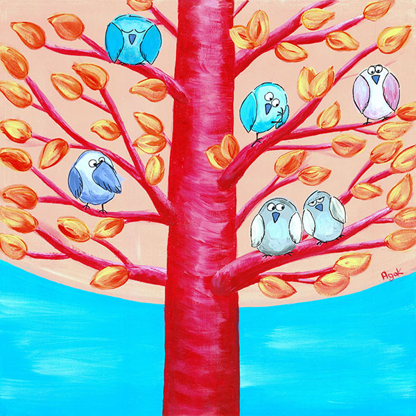 A troop of funny birds resting among branches of a whimsical tree. Original painting.