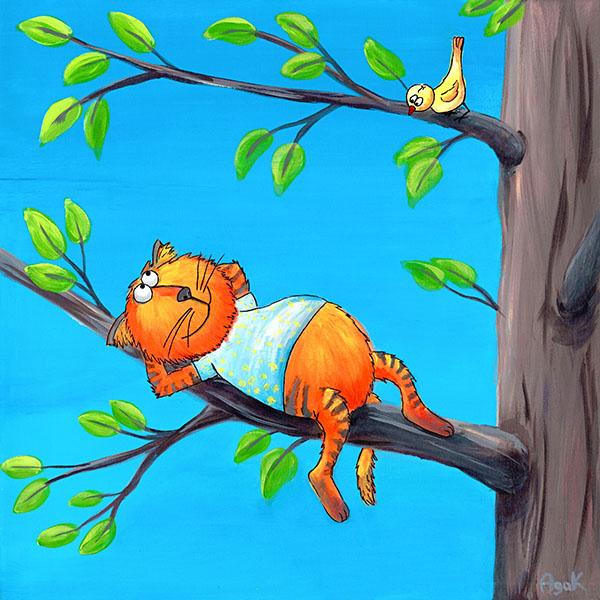 Funny red cat on a branch of a tree. Original art - gift for cat lovers.