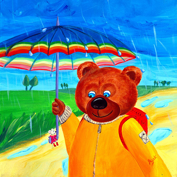 A big bear walking in a beautiful rainy summer day and a little mouse sitting on the handle of its umbrella. Art for kids.