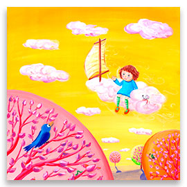 A little girl traveling on one of the pink clouds on a yellow sky, above branches of whimsical trees.