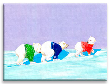 Three little polar bears in colorful sweaters, traversing endless snow areas in search of their lost mom.