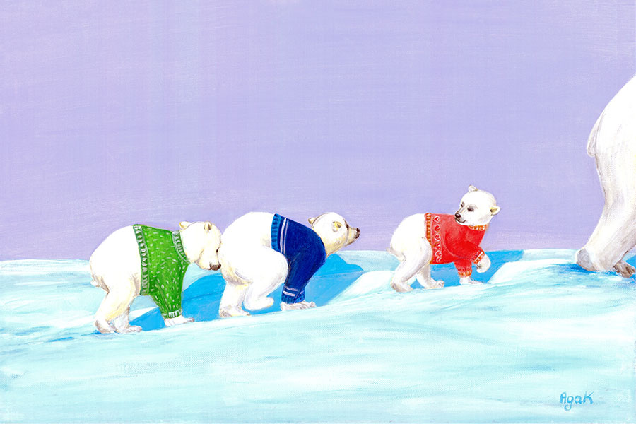 Three little polar bears in colorful sweaters, traversing endless snow areas. Cute wall art for children´s room.