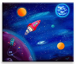 A little boy and his cat in their adventurous space travel in a red rocket – children´s art.
