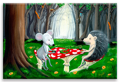 Forest animals, a mouse and a hedgehog, by a cup of morning dew - children´s art.