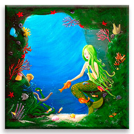 A beautiful mermaid resting in an underwater cave, surrounded by a crowd of little sea creatures.