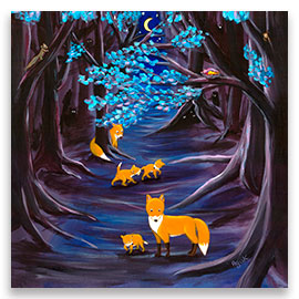Fox family on a night walk in a mysterious forest – wall art poster.