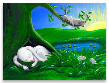 White rabbit sleeping in a shade of a tree - children´s art.