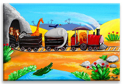 Jungle animals traveling in a train – nursery wall art poster.