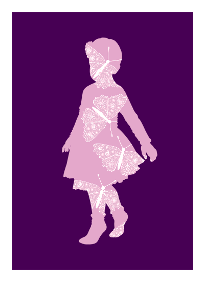 Shape of a little girl overlayed with subtle butterflies, on a vivid, purple background.