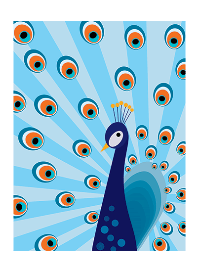 Peacock. Abstract art in blue and orange.