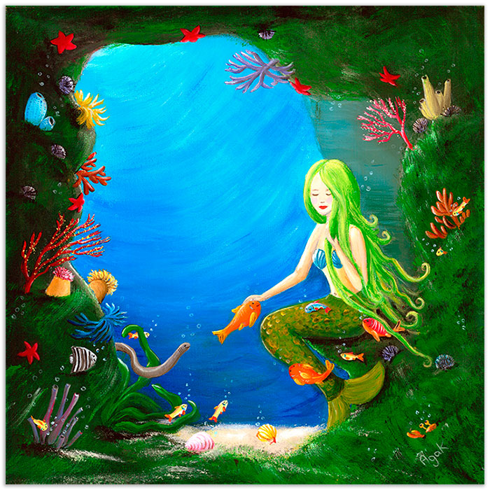 A beautiful mermaid resting in an underwater cave, surrounded by a crowd of little sea creatures.