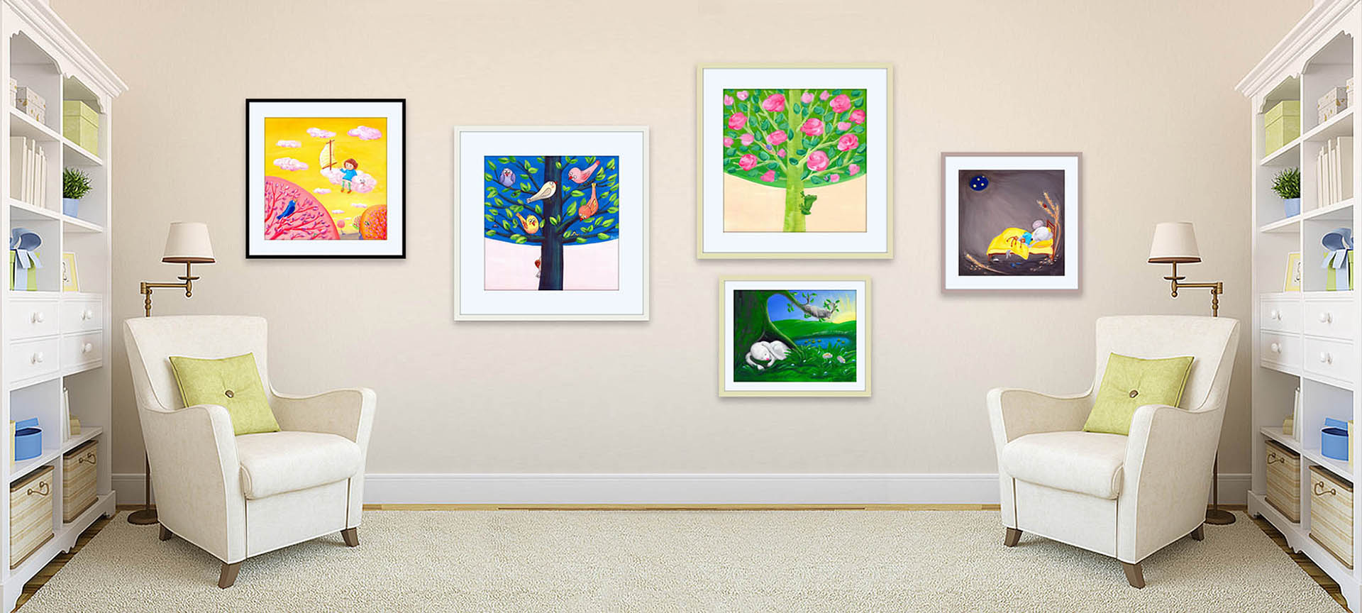 Colorful kids wall art pictures in a light interior.