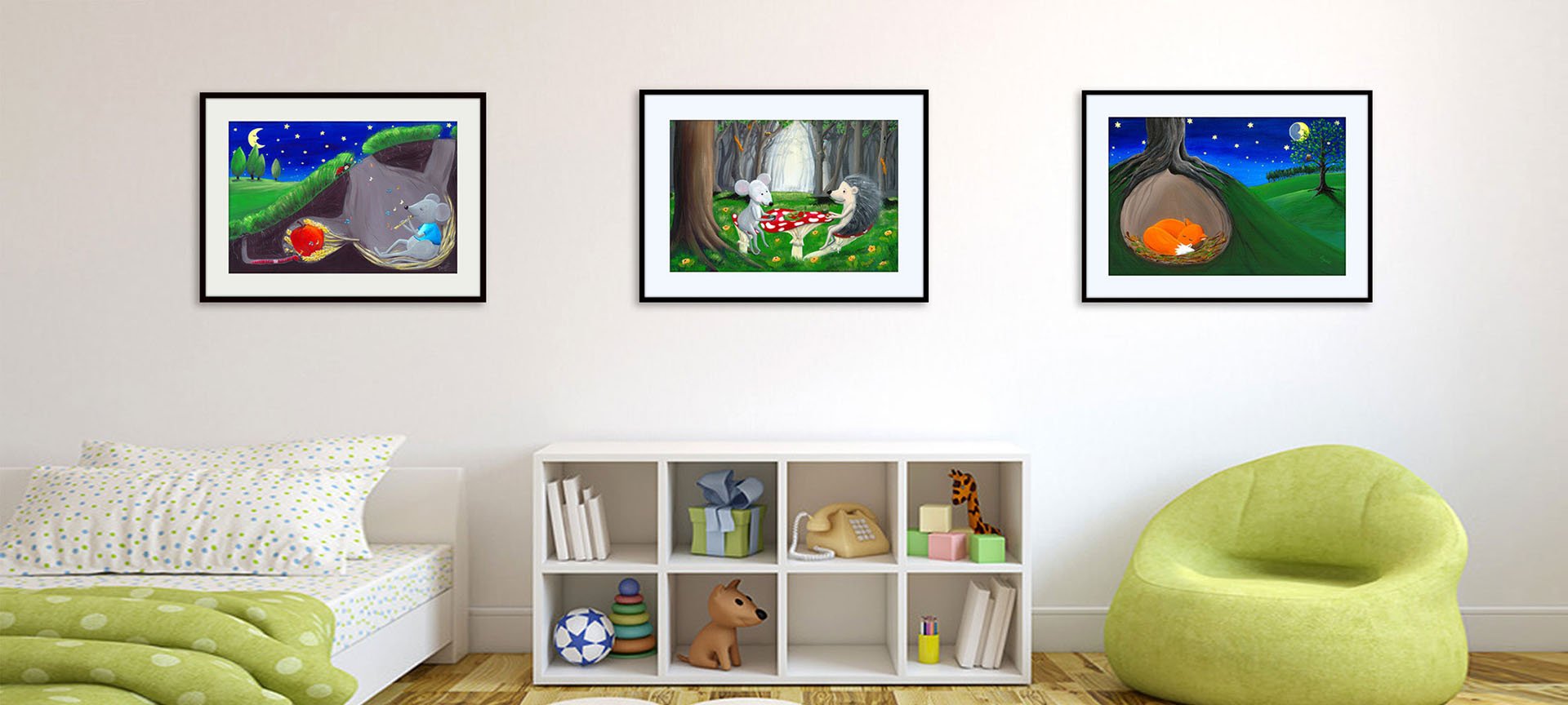 Kids bedroom with three woodland themed pictures on a wall.